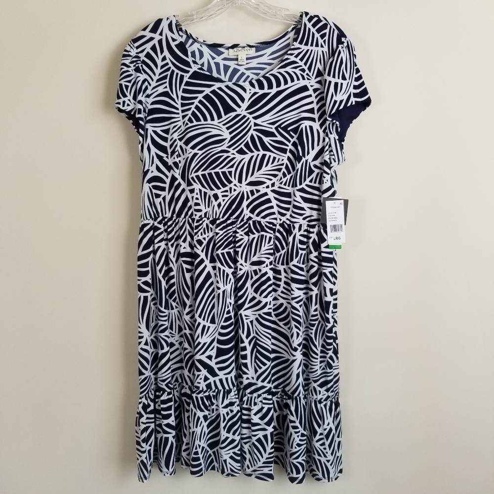52seven Leaf Print Dress Peplum Hem Stretch Large NWT